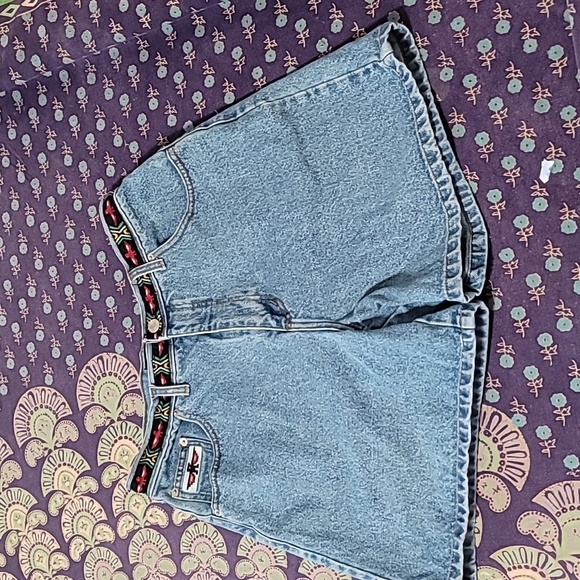 Mountain Lake Pants - Super 90's Denim Mom Shorts Firebird Embroidery and Ribbon Detail